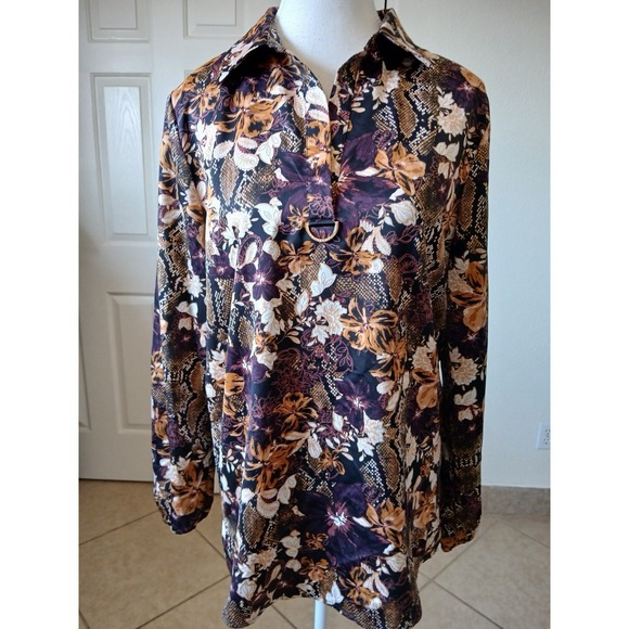 Marc New York Women's Blouse Tunic Brown & Purple Floral Long Sleeve Bohemian - Picture 2 of 16